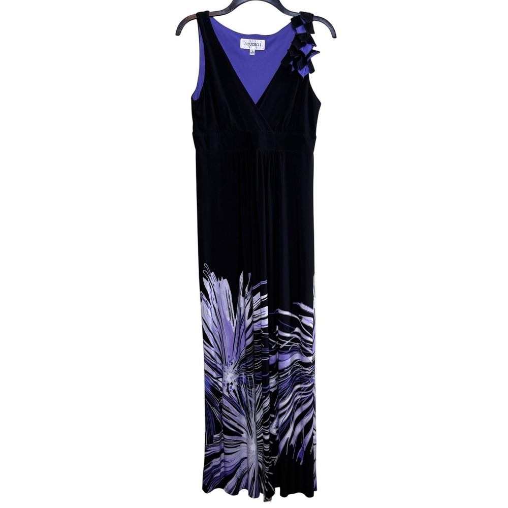 Studio I Maxi Dress Womens 8 Black Purple Floral Burst V-Neck Ruffle Shoulder